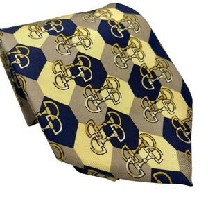 Vintage Paolo Gucci Designer Silk Tie Yellow Blue Horsebit Equestrian Geometric